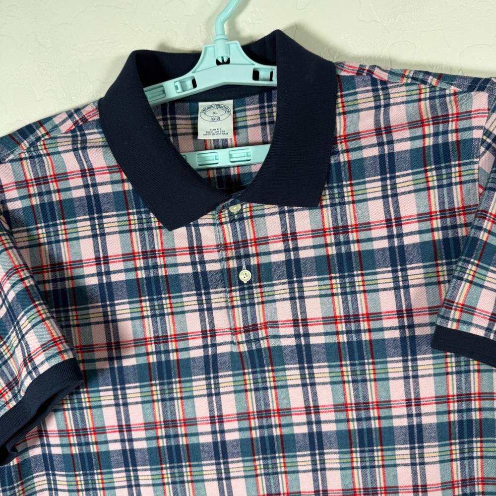 Brooks Brothers Polo Shirt Mens XL Pink Plaid Slim Fit Cotton Short Sleeve Pique